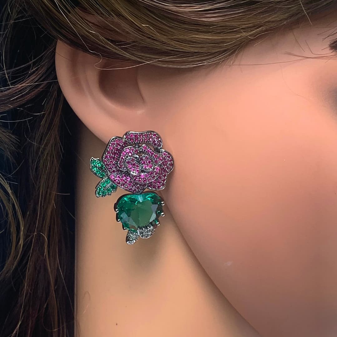 Romantic Red Green Rhinestone Rose Heart Earrings - Ella Moore
