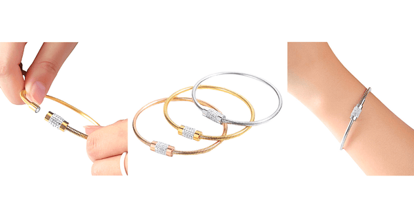 3 piece Sparkling CZ Tri Color Stainless Steel Stackable Bangle Bracelet Set - Ella Moore