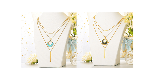 Blue & Black Turquoise Moon Shaped Stone Gold Multi Layered Necklace - Ella Moore