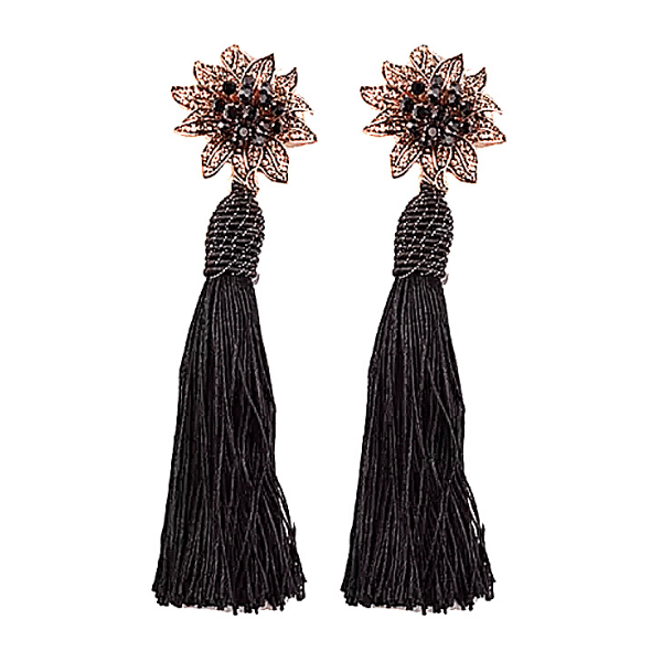 Black Rhinestone Flower Tassel Drop Danging Earrings - Ella Moore