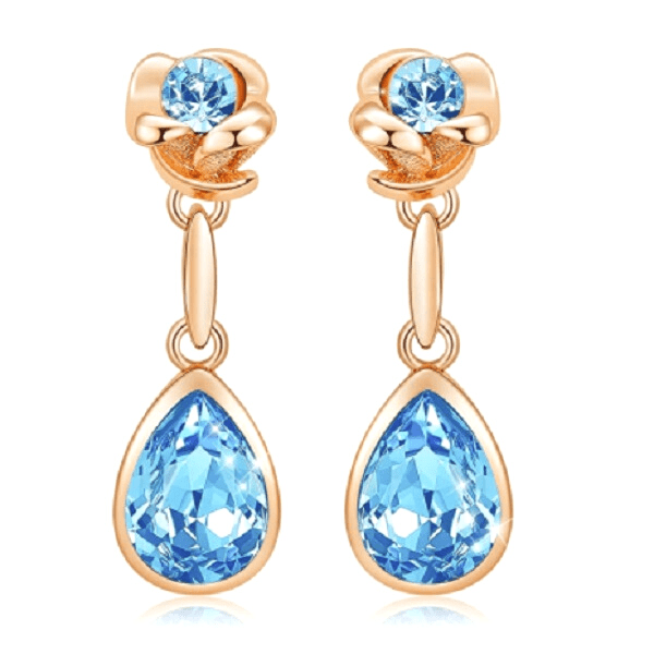 Blue Crystal Rose Flower Gold Drop Dangling Earrings