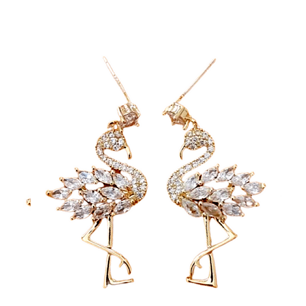 Clear Petite Delicate CZ Cubic Zirconia Flamingo Dangling Drop Gold Earring - Ella Moore