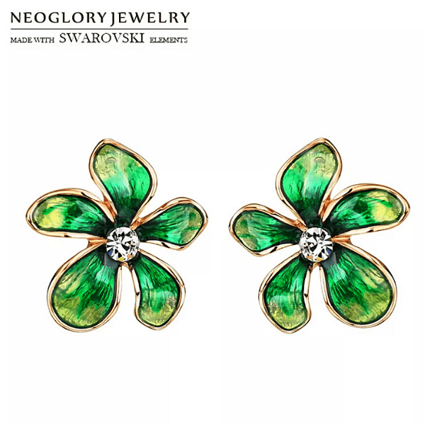 Green  Rhinestone & Enamel Flower Floral earrings - Ella Moore