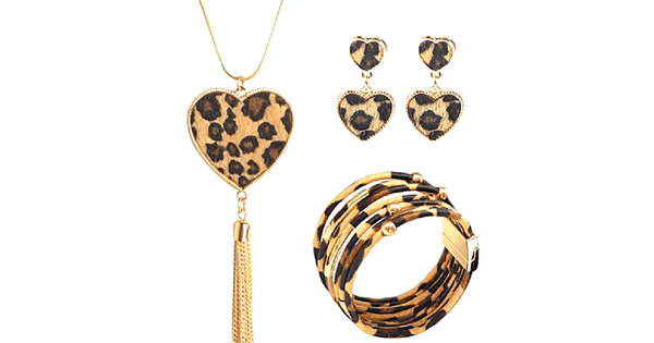 3 Piece Heart Leopard Necklace Earrings Bracelet Set - Ella Moore