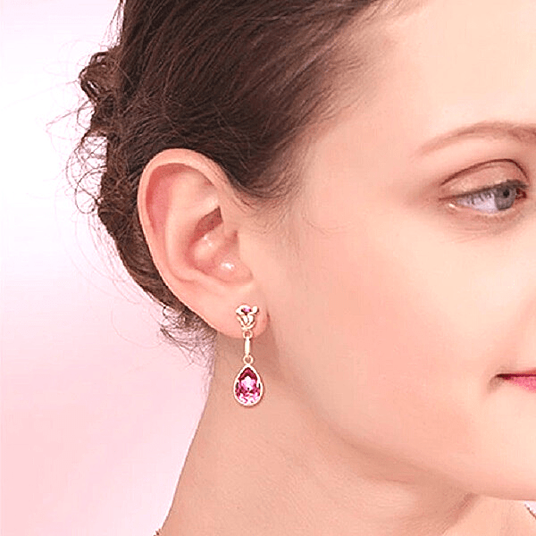 Pink Crystal Rose Flower Gold Drop Dangling Earrings - Ella Moore