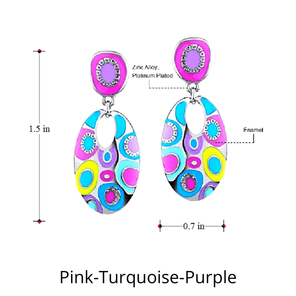 Pink Turquoise Purple Ethnic Bohemian  Oval Enamel Dangle Earrings - Ella Moore