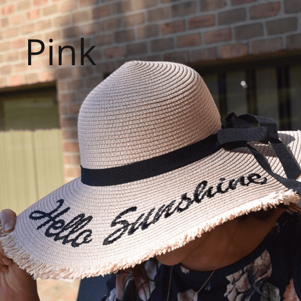 Pink Women Wide Brim Embroidered Hello Sunshine Beach Floppy Summer Vacation Sun Hat - Ella Moore