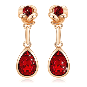 Red Crystal Rose Flower Gold Drop Dangling Earrings