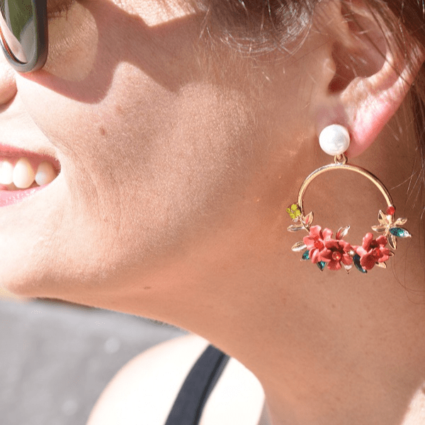 Red Flower and Pearl Gold Hoop Earrings - Ella Moore