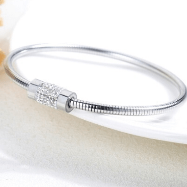 3 piece Sparkling CZ Tri Color Stainless Steel Stackable Bangle Bracelet Set - Ella Moore