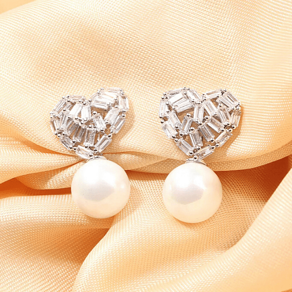 Silver CZ Pearl Heart Shaped Women Clip On Earrings