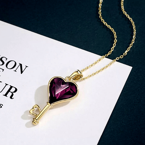 Luxurious Swarovski Purple Crystal Key Heart Gold Necklace - Ella Moore