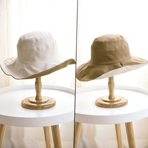 Two Tone Reversible Foldable Travel Ivory Beige Cotton Womens Bucket Hat - Ella Moore