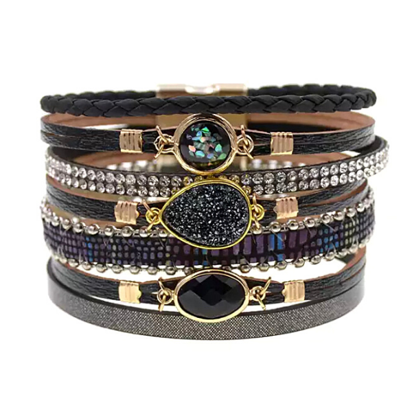 Black Embellished Crystal Druzy Rhinestone Wide Leather Bracelet - Ella Moore