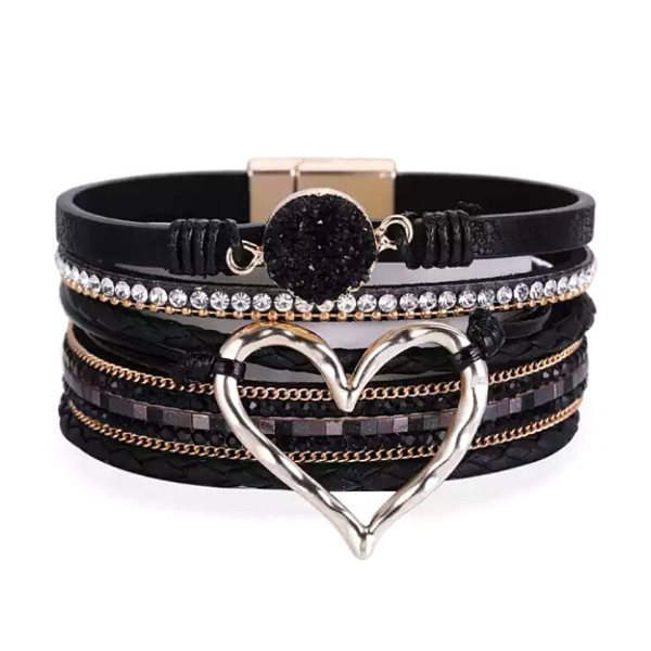 Shimmering Braided Leather Open Heart Charm Bracelet