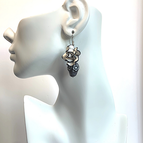 Black and White Handmade Flower Skull Earrings - Ella Moore