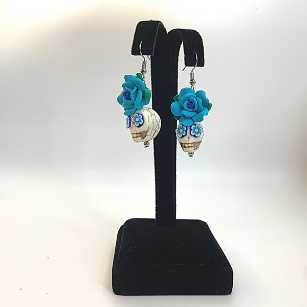 Blue Handmade Flower Skull Earrings - Ella Moore