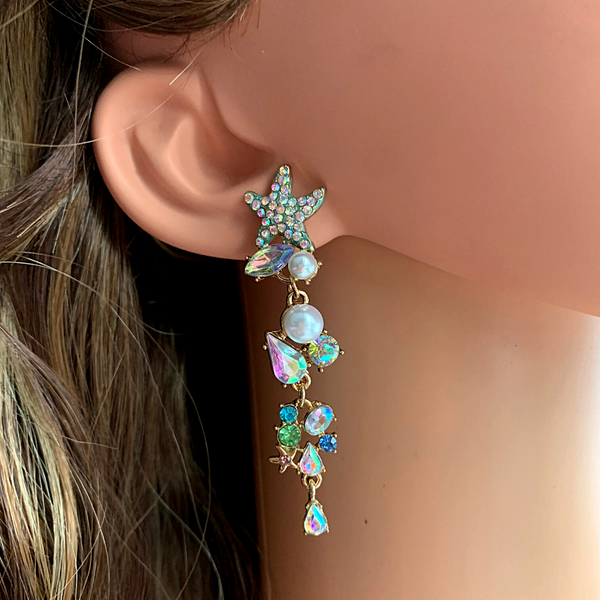 Blue Glistening Rhinestone Pearl Starfish Dangle Gold Earrings - Ella Moore