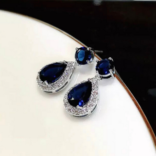 Blue Shimmering Petite Teardrop Pear Shaped Rhinestone Dangle Earrings - Ella Moore