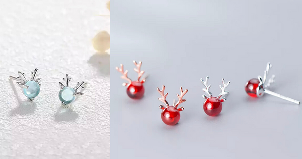 Blue, Red Rose Gold and Red Silver  Mini Sterling Silver Stud Reindeer Earrings - Ella Moore
