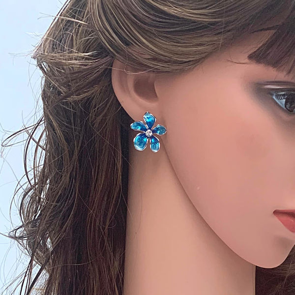 Blue Rhinestone and Enamel Flower Earrings - Ella Moore