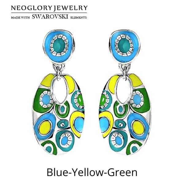 Blue Yellow Green Ethnic Bohemian  Oval Enamel Dangle Earrings - Ella Moore