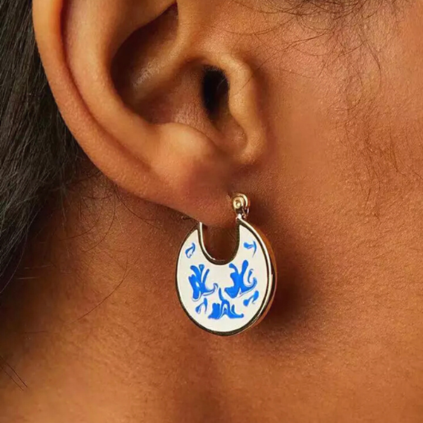 Classic Blue and White Porcelain Women Gold Hoop Earrings