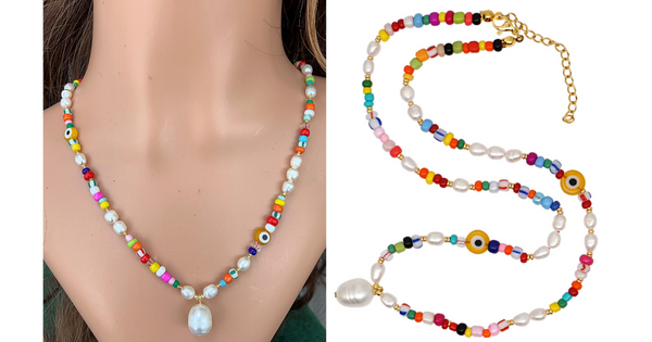 Colorful Bohemian Freshwater Pearl and Glass Bead Necklace