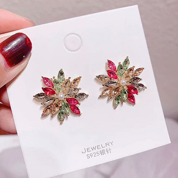 Colorful CZ Pearl Snowflake Star Flower gold earring studs - ella Moore