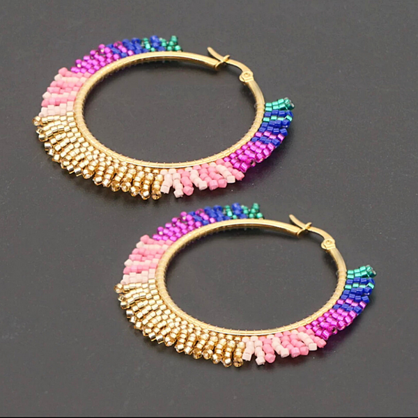 Colorful Gold Bohemian Miyuki Handmade Bead Hoop Earrings - Ella Moore