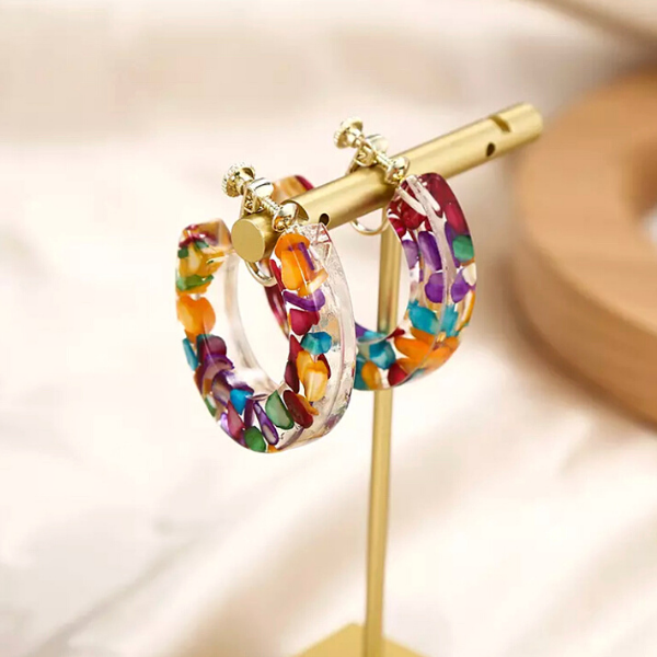 Kaleidoscopic Colorful Pebble Resin C-Shape Clip On Hoop Earrings - Ella Moore