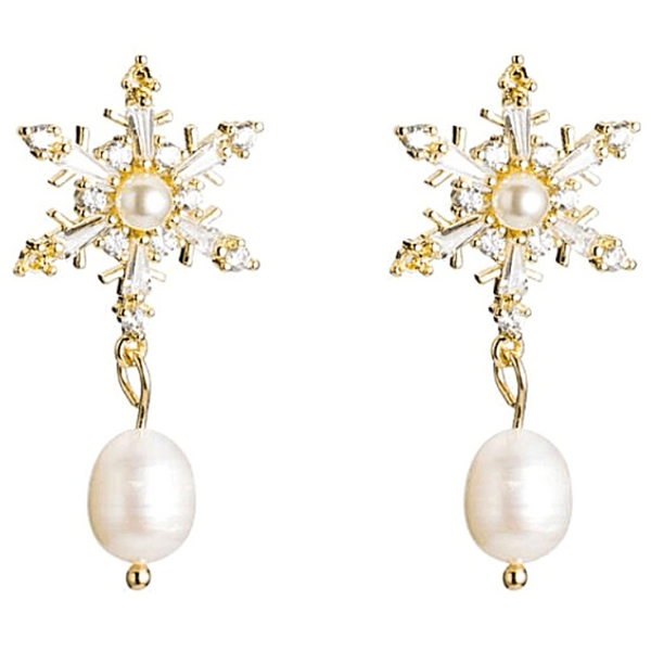 Elegant Snowflake Star CZ & Baroque Freshwater Pearl Dangle Earrings - Ella Moore