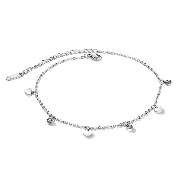 Romantic Dazzling CZ & Heart Silver Charm Ankle Bracelet - Ella Moore