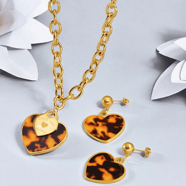 Engraved Brown Leopard Gold Heart Pendant Necklace & Earrings Set - Ella Moore