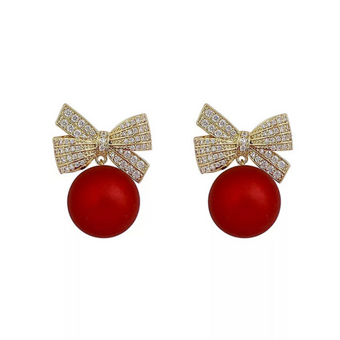 Festive Red Ornament  Ball Crystal Ball Bow Stud Earrings - Ella Moore
