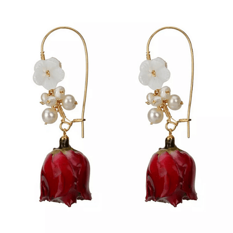 Delicately Exquisite Hand-made Freshwater Pearl & Real Red Rose Gold Earrings -Ella Moore