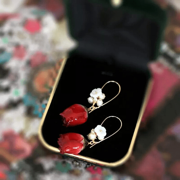 Delicately Exquisite Hand-made Freshwater Pearl & Real Red Rose Gold Earrings - Ella Moore