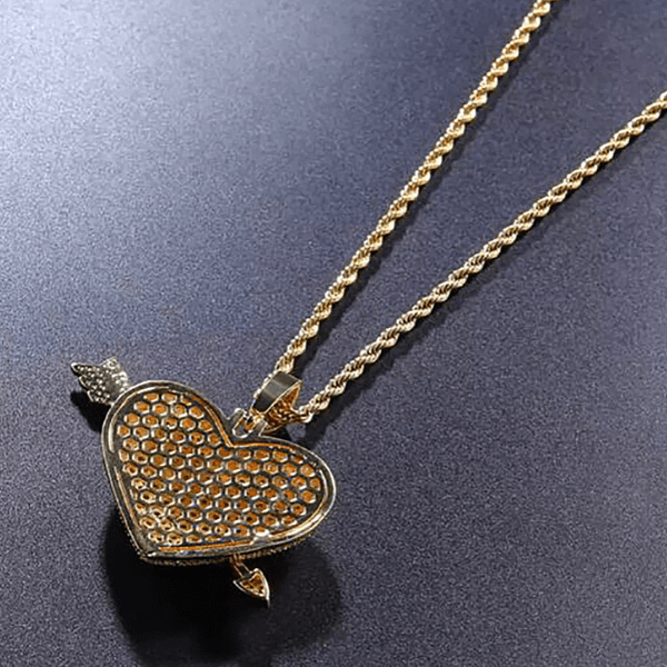 Glamorous Large Bold Sparkling Gold Heart Pendent Necklace with cupids arrow - Ella Moore