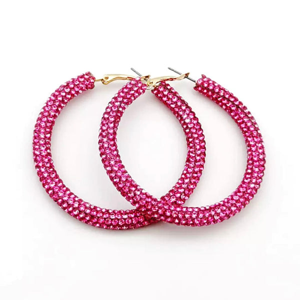 Glittering Large Hot Pink Rhinestone Hoop Earrings - Ella Moore