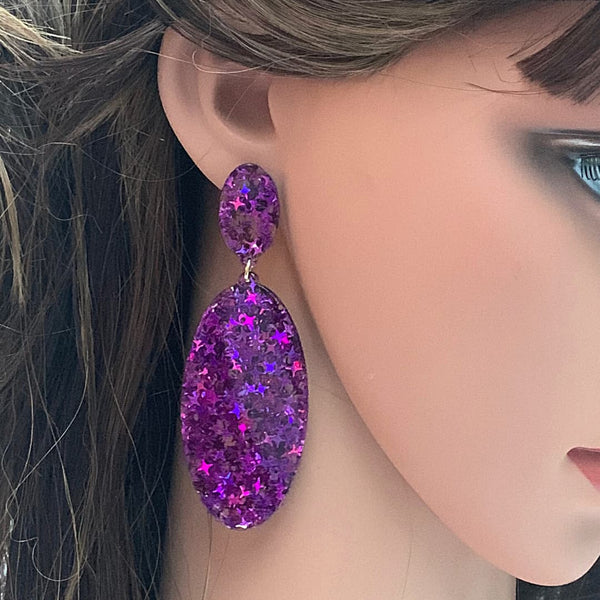 Glitzy Eye-Catching Purple OVAL Acrylic Earrings - Ella Moore