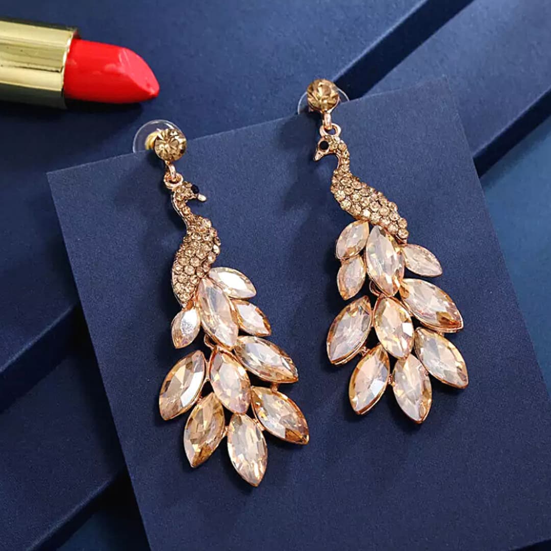 Gold Rhinestone Peacock Earrings - Ella Moore