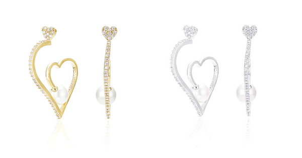 Silver and Gold Classy Pearl CZ Heart Hoop Earrings - Ella Moore