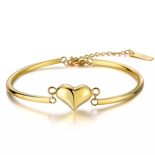 Gold Smooth Polished Sterling Silver Puff Heart Bracelet Bangle- Ella Moore