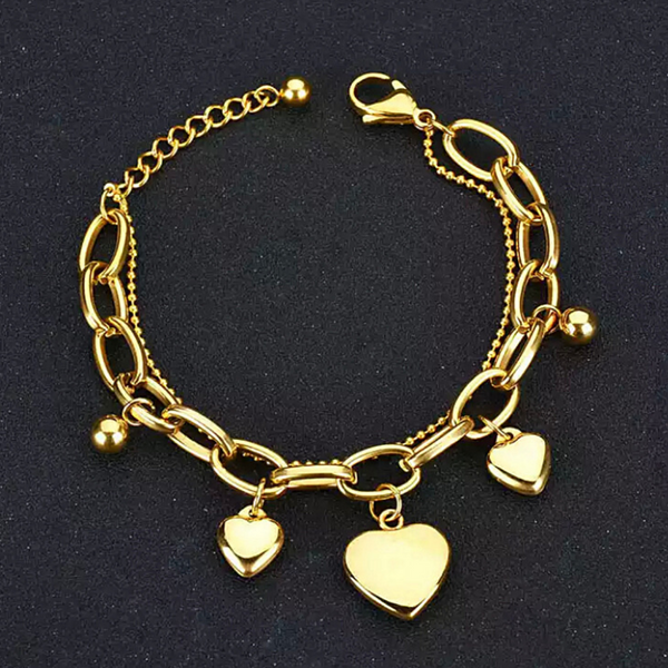 Gold Smooth Triple Heart Charm Bracelet - Ella Moore