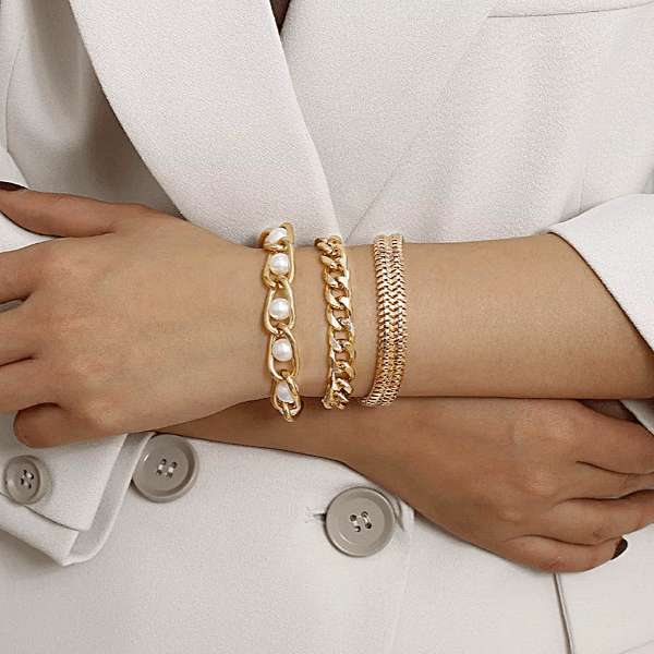 3 Piece Women's Pearls & Gold Chain Bracelet set