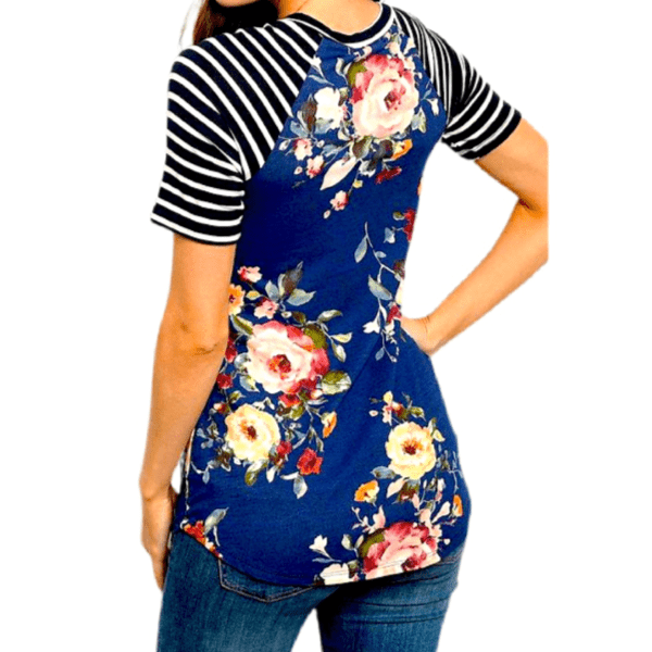 Ladies Women Blue short sleeve stripped Floral flower top blouse t-shirt - Ella Moore