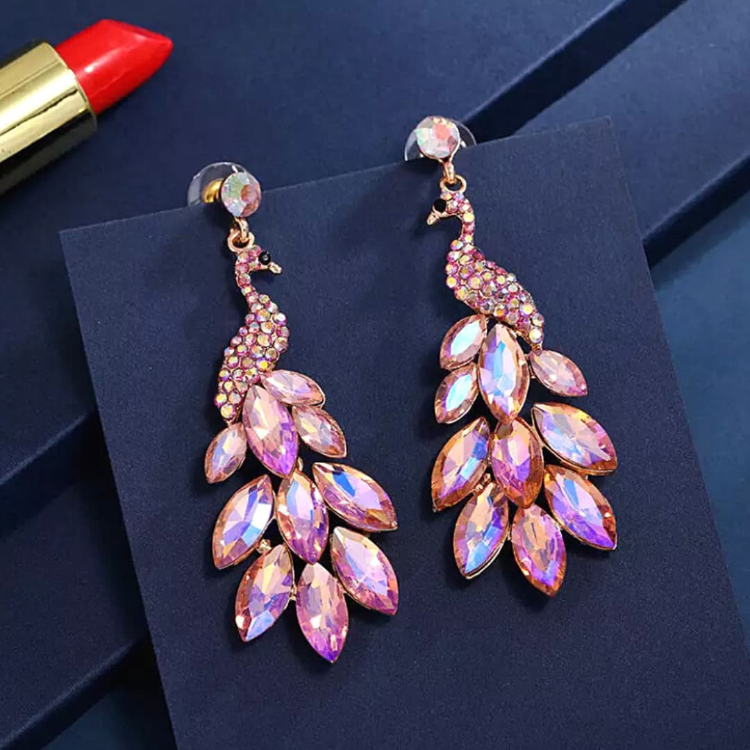 Light Pink  Luxurious Rhinestone Peacock Earrings - Ella Moore