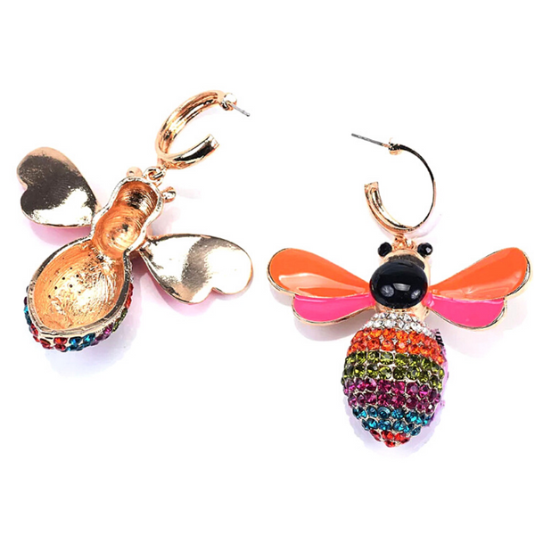 Orange Pink Enamel Rhinestone-Dangling Bee Earrings - Ella Moore
