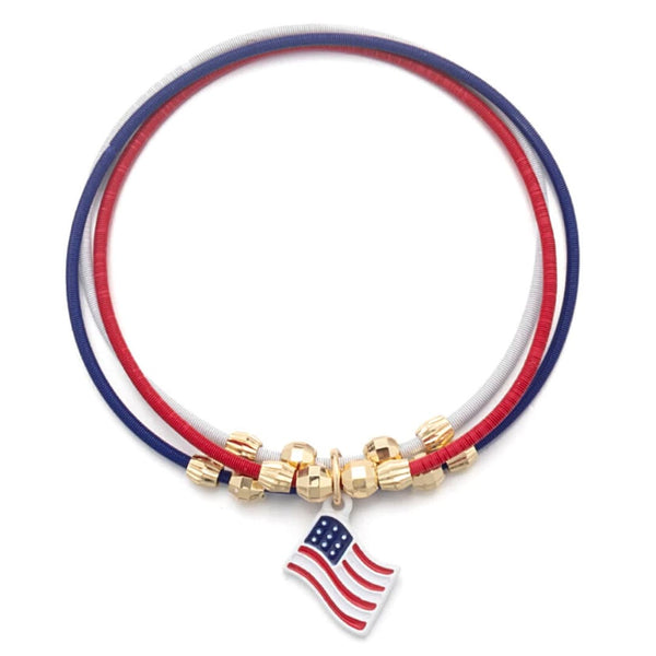 Patriotic Red White Blue Stainless Steel Flag Charm Elastic Stretch Bracelet - Ella Moore