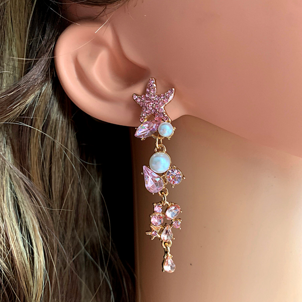 Pink Glistening Rhinestone Pearl Starfish Dangle Gold Earrings - Ella Moore